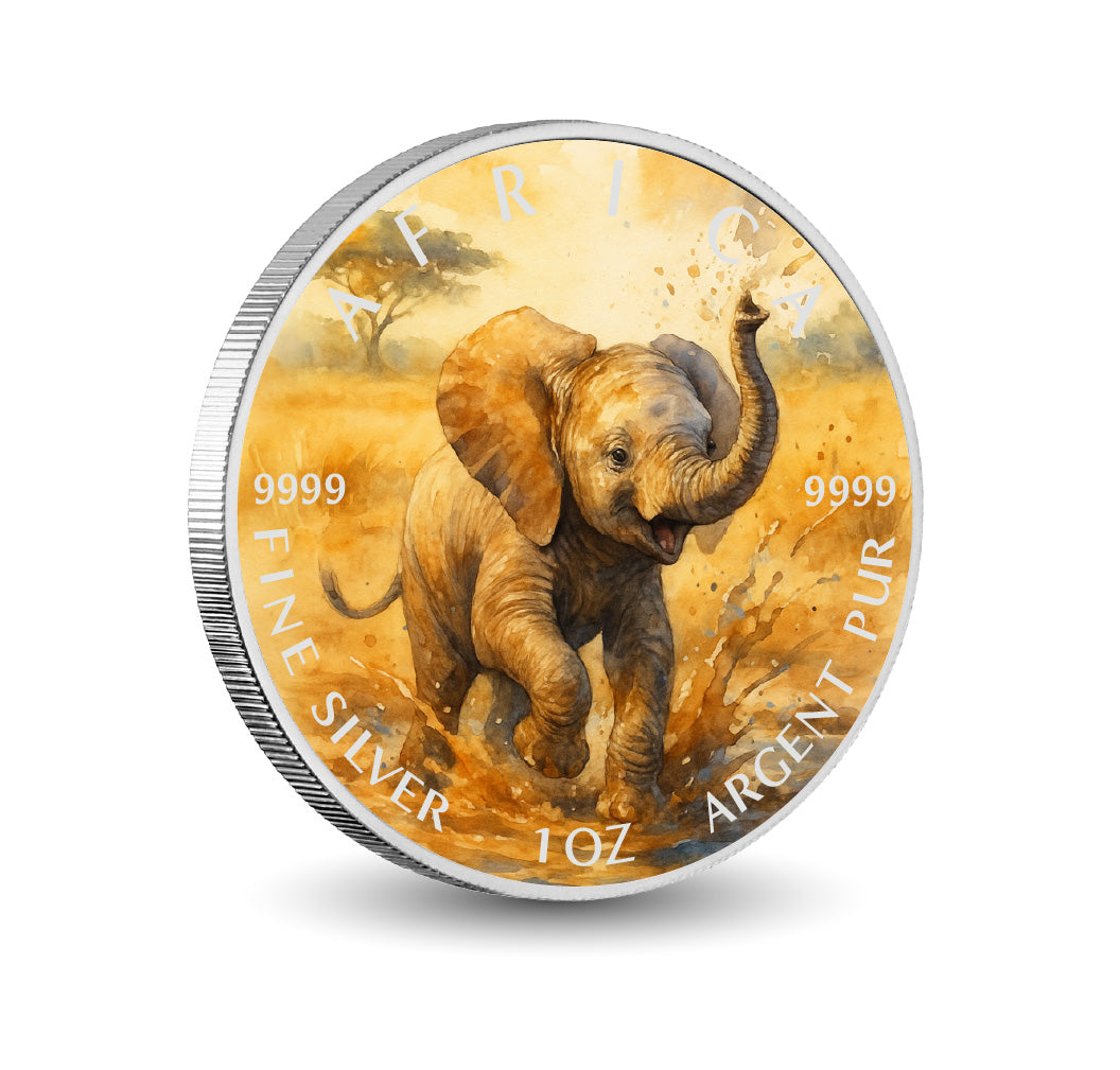 Joyful Splash - Little Elephant of Africa 1oz Fine Silver Coloured Coin