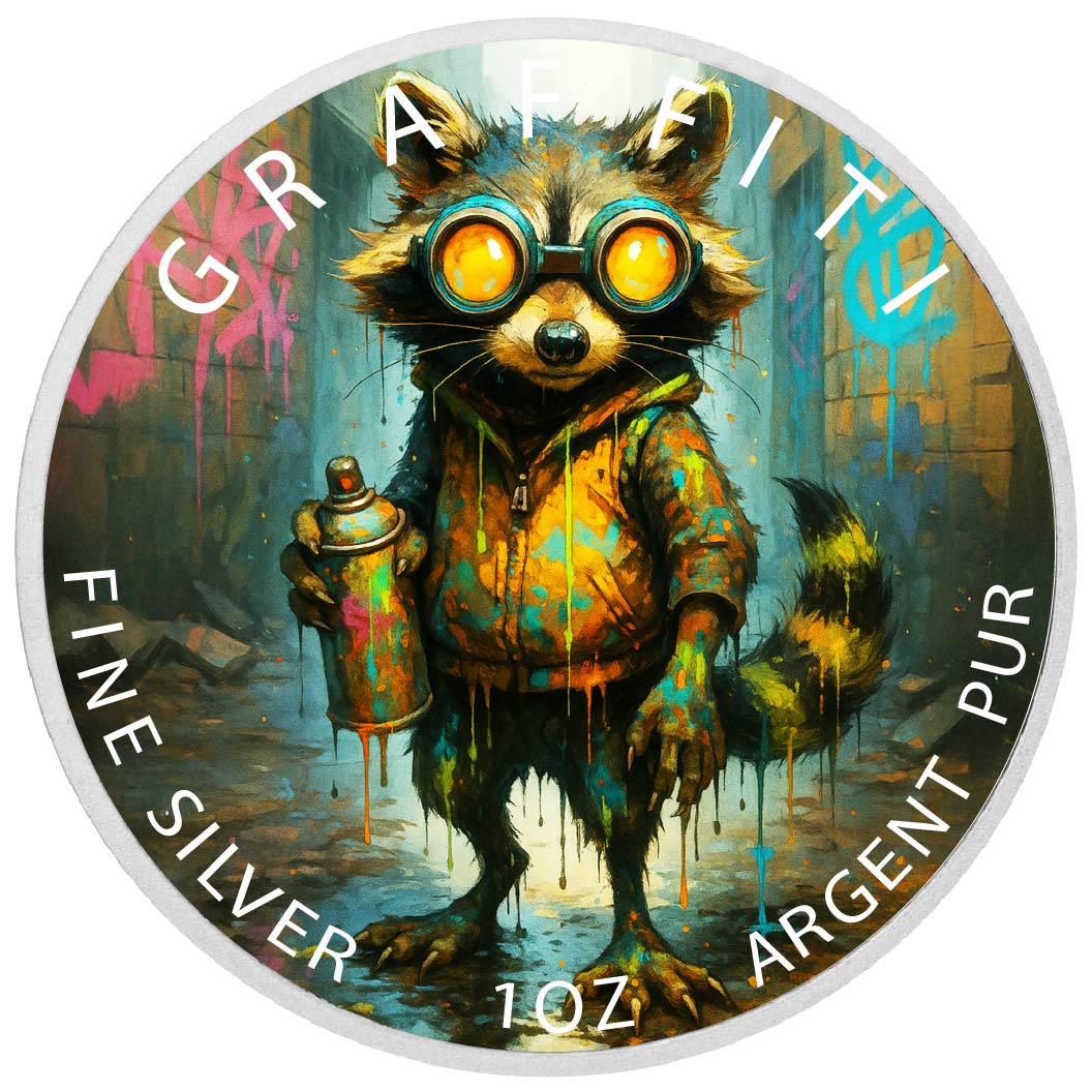 Urbaner Bandit – Der Graffiti-Waschbär 1oz farbige Feinsilbermünze