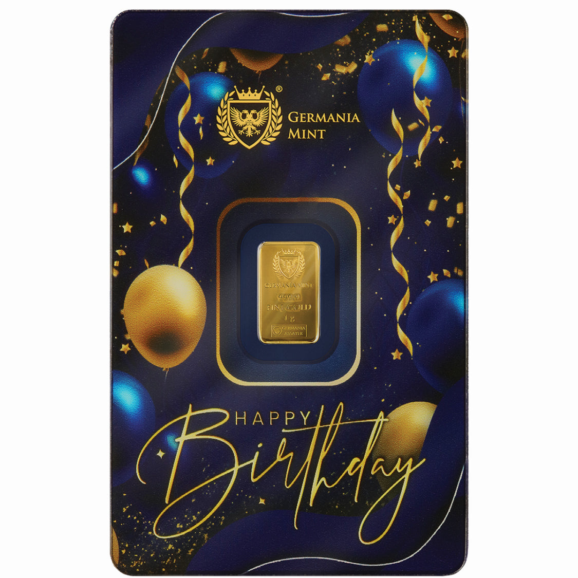 Joyeux anniversaire Lingotin frappé en or 24 carats de 1 g, emballé dans un Safepack