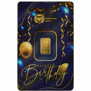 Joyeux anniversaire Lingotin frappé en or 24 carats de 1 g, emballé dans un Safepack