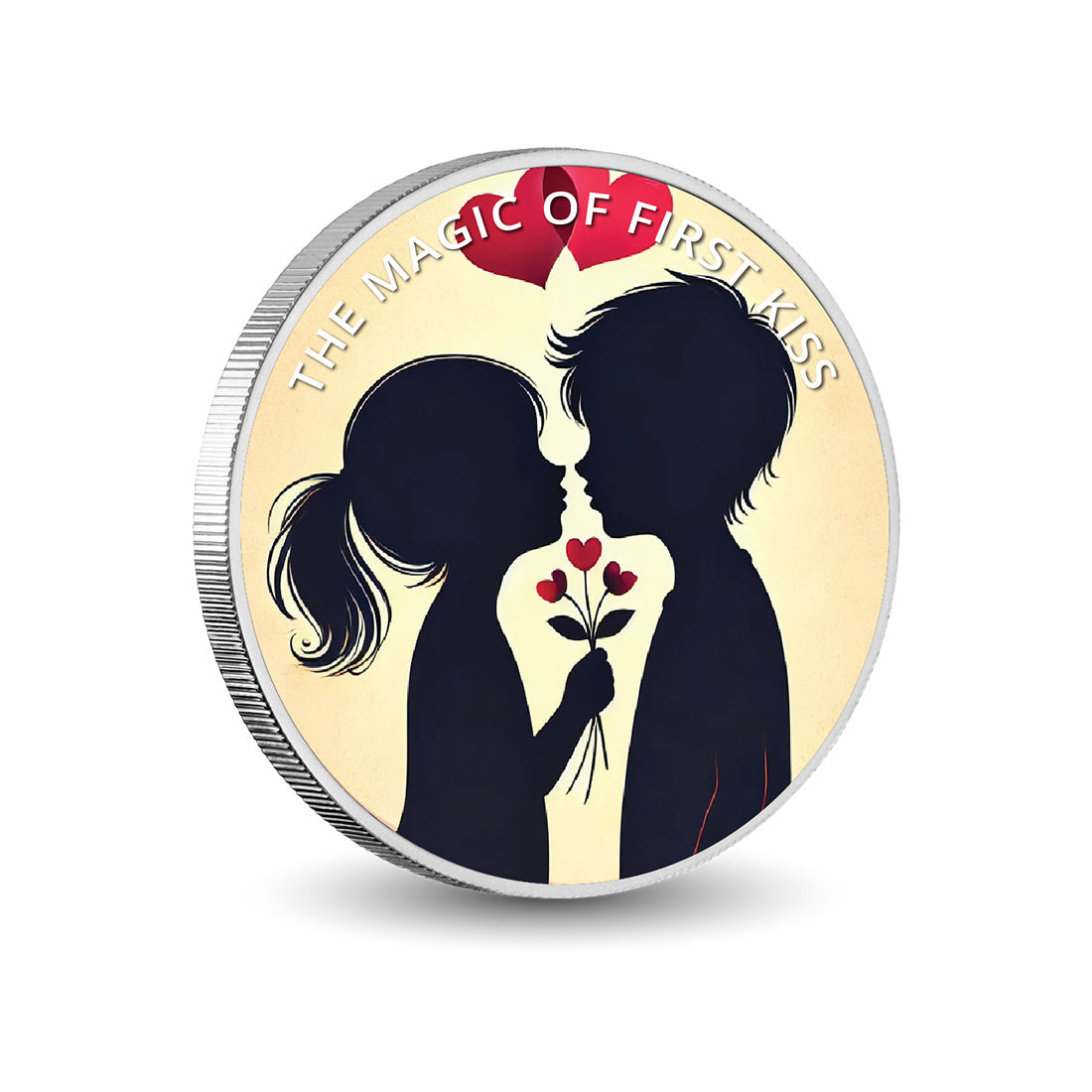 La magie du premier baiser : cœurs en fleurs, pièce colorée en argent de 1oz