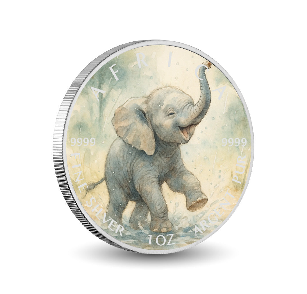Raindrop Romp - Little Elephant's Delight 1oz Fine Silver Coloured Coin