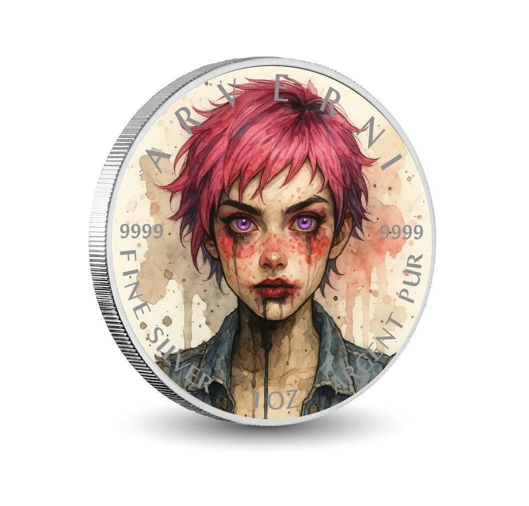 Pièce de monnaie de 1 oz en argent fin coloré « Résolution cramoisie : le rebelle aux yeux violets »