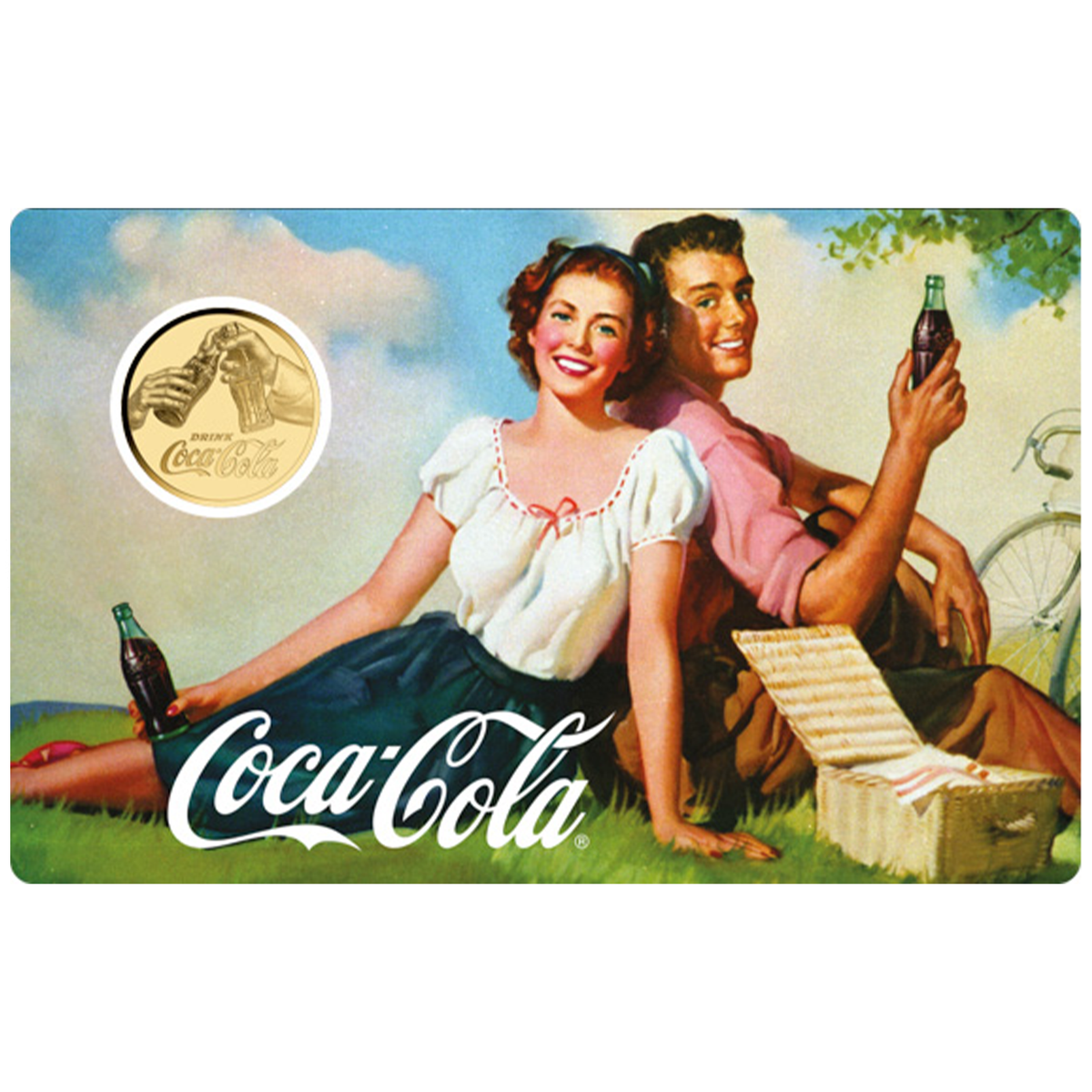 Coca-Cola Picnic Vintage 999 Fine Gold 1/1000 oz Coin in Card