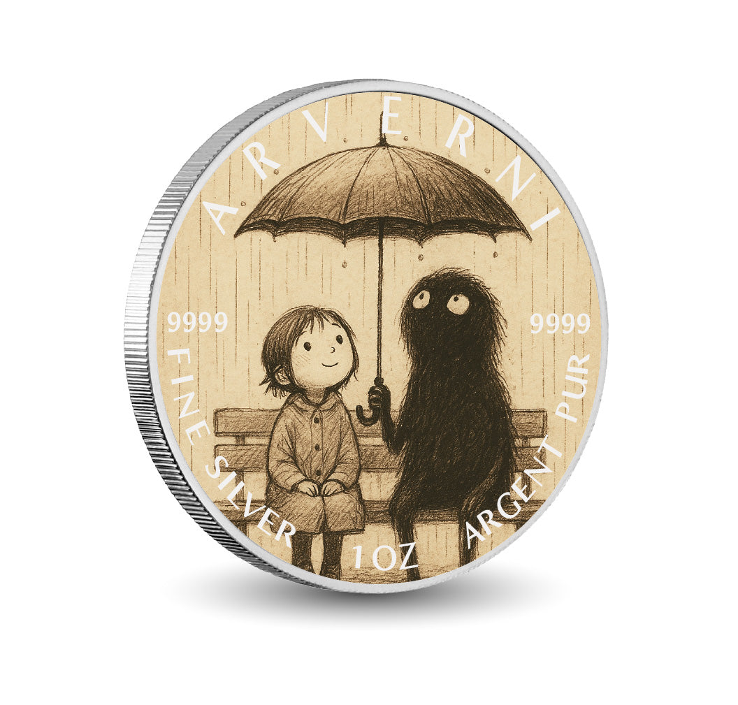 Pièce de monnaie de 1 oz en argent fin coloré « Un abri sous la pluie : murmures de bonté »