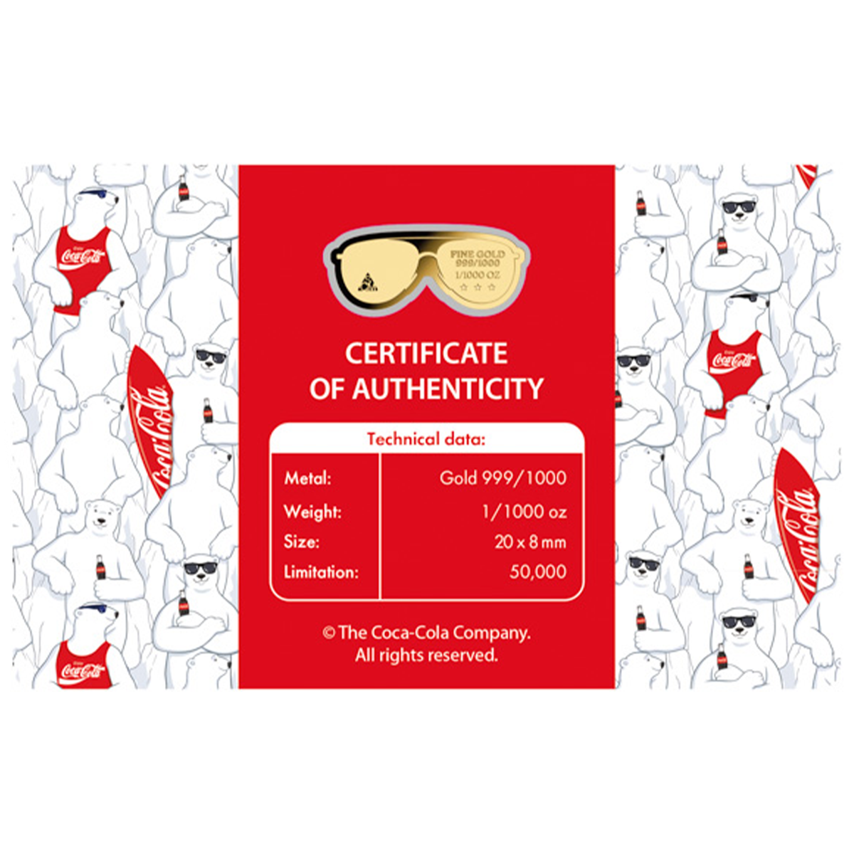 Coca-Cola Sunglasses 999 Fine Gold 1/1000 oz Coin in Card