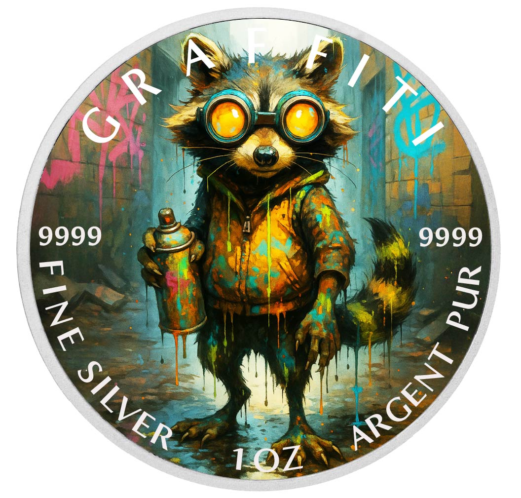 Pièce de monnaie de 1 oz en argent fin coloré « Bandit urbain : le raton laveur du graffiti »