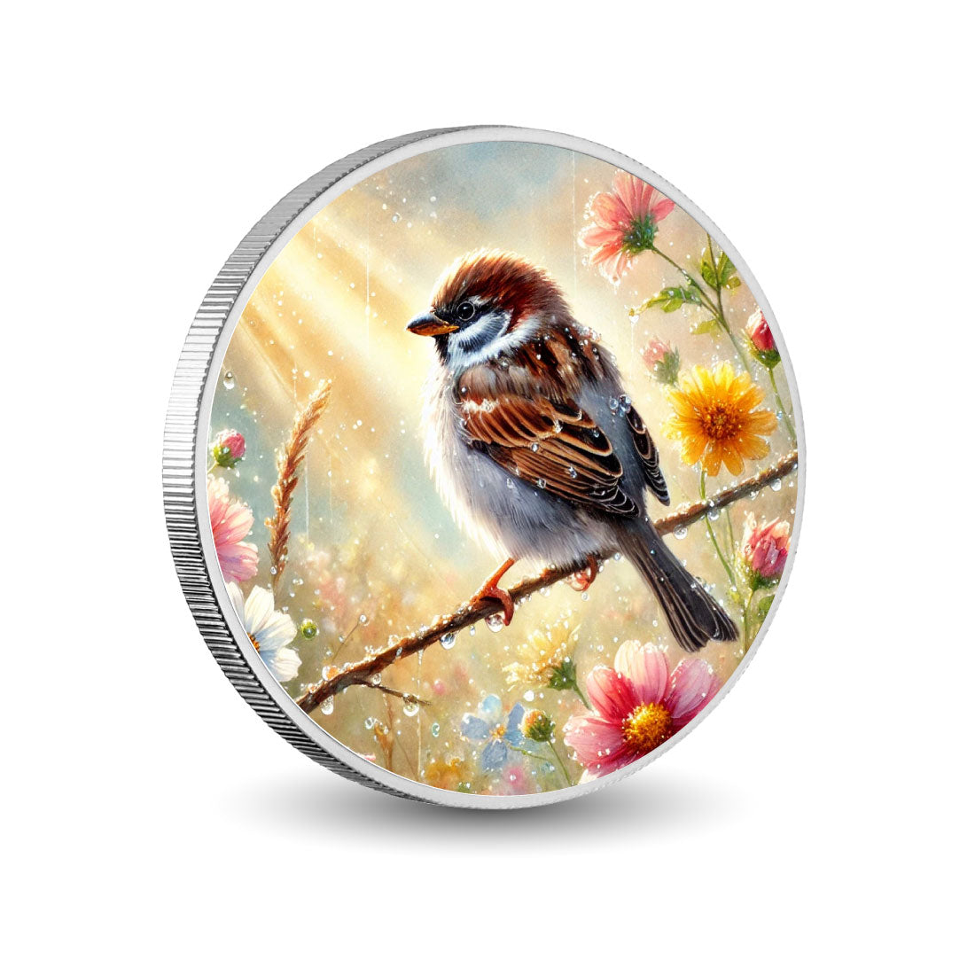 Golden Dawn: Sparrow in a Dewy Meadow 1oz Silver Coin