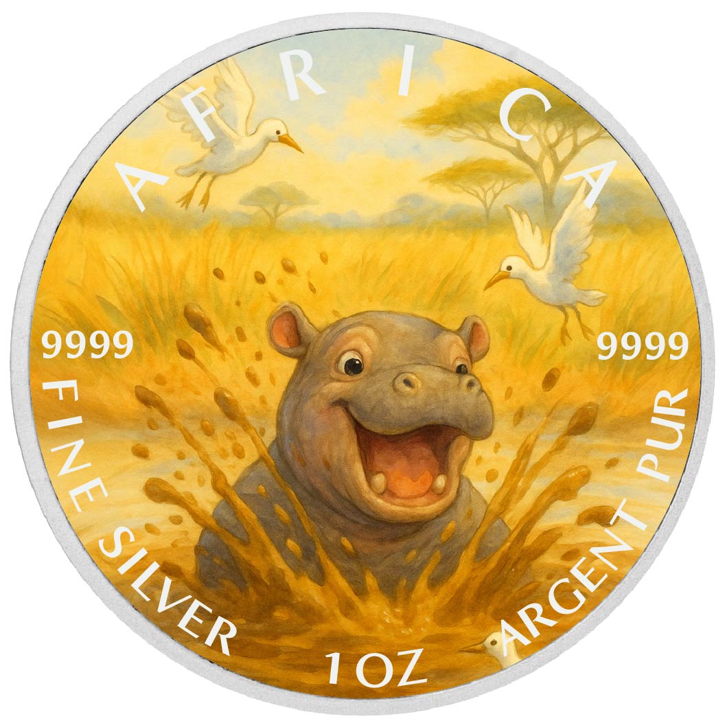 Pièce de monnaie de 1 oz en argent fin coloré « Éclaboussure de l’hippopotame heureux : éclats de rire dans la savane »