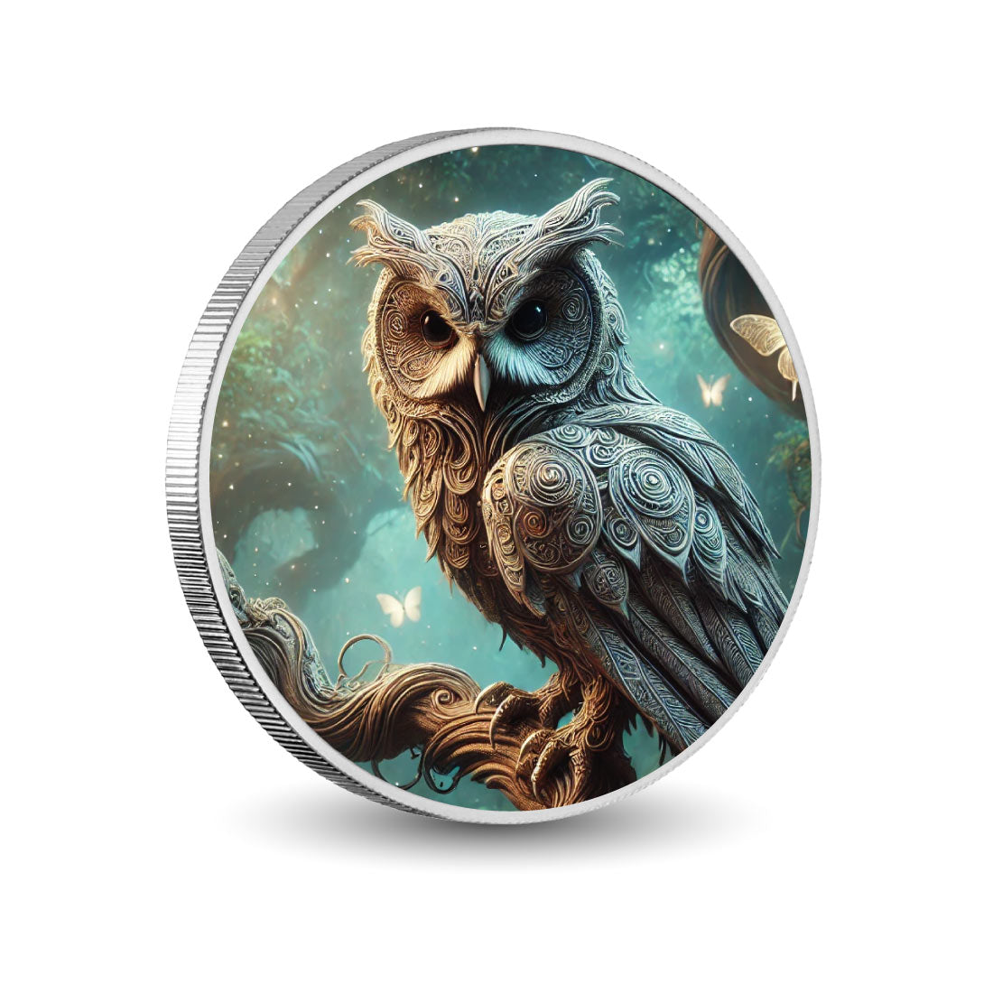 Hibou céleste dans une forêt onirique, pièce en argent de 1 oz
