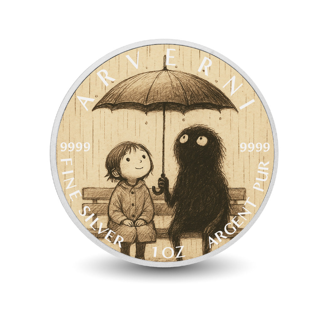 Pièce de monnaie de 1 oz en argent fin coloré « Un abri sous la pluie : murmures de bonté »