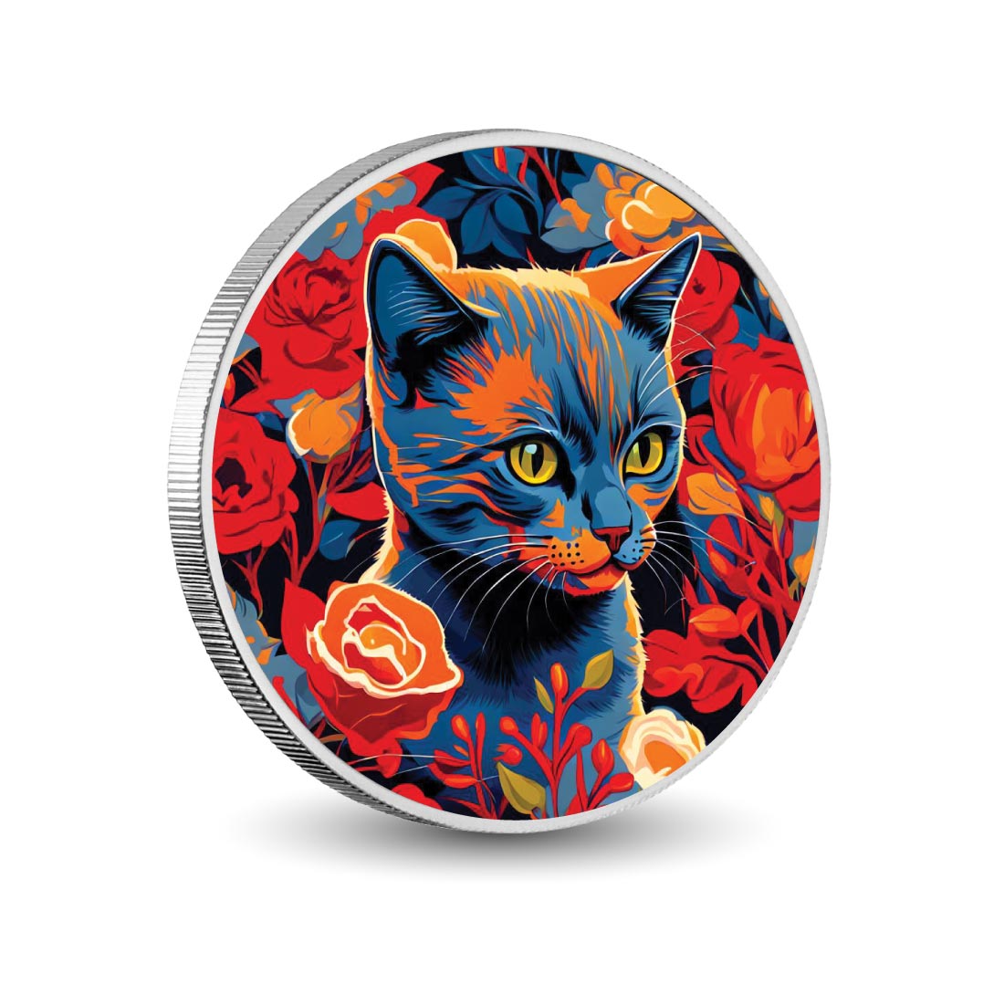Félin floral flamboyant, pièce colorée en argent de 1oz