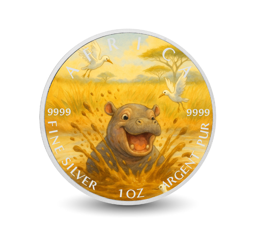 Pièce de monnaie de 1 oz en argent fin coloré « Éclaboussure de l’hippopotame heureux : éclats de rire dans la savane »