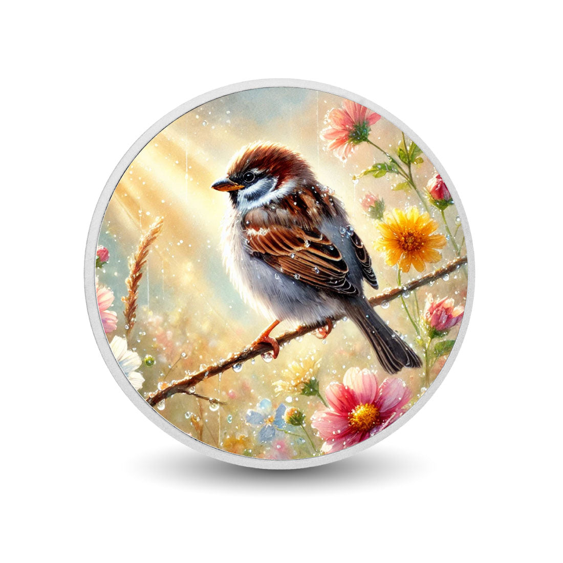 Golden Dawn: Sparrow in a Dewy Meadow 1oz Silver Coin
