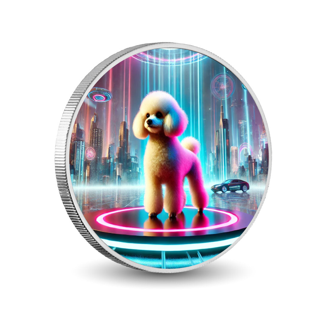 Allure futuriste : le caniche dans un paysage urbain néon, pièce de 1oz