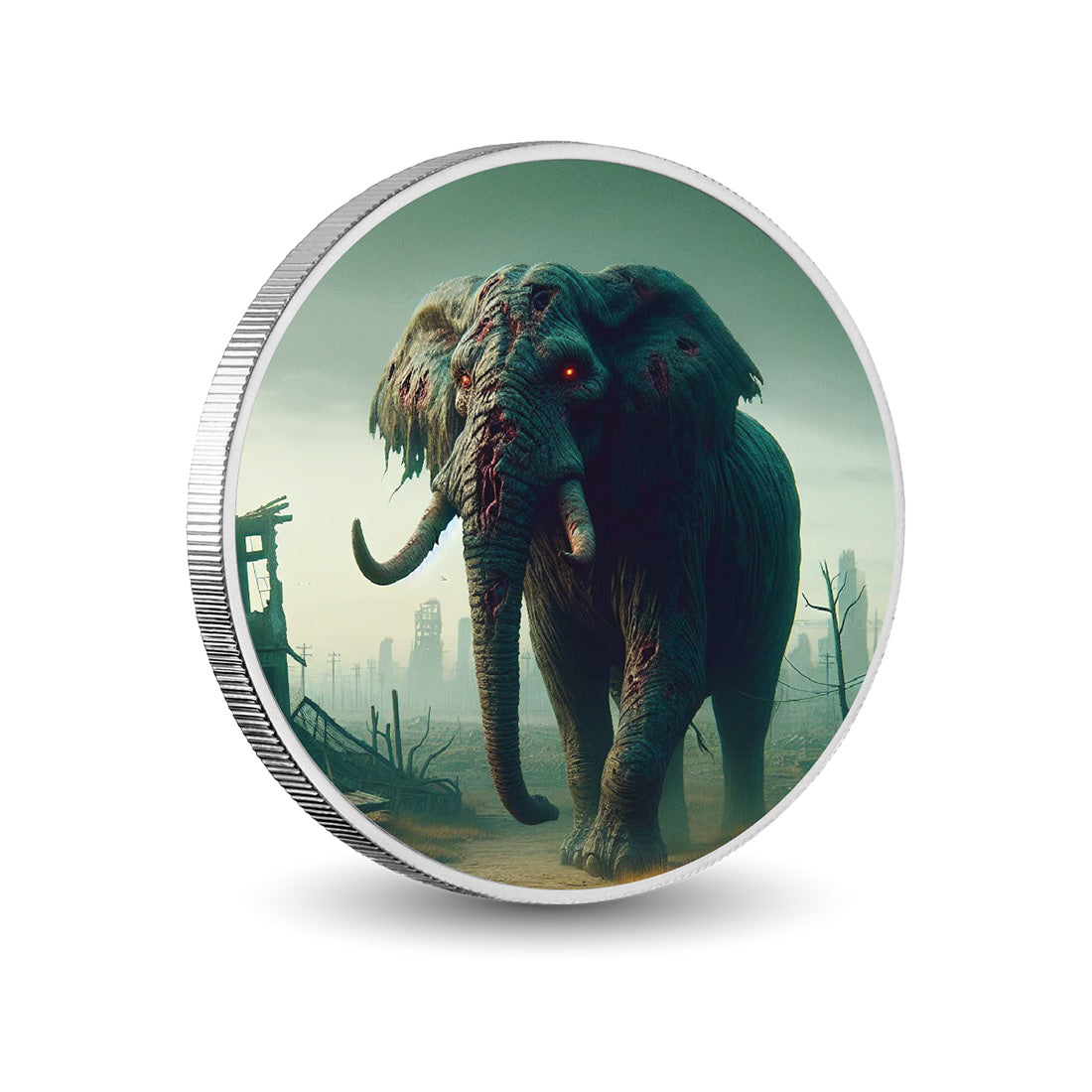 Déclin et ruines : vision postapocalyptique de l’éléphant, pièce colorée en argent de 1 oz