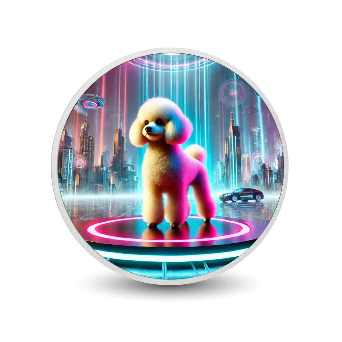 Allure futuriste : le caniche dans un paysage urbain néon, pièce de 1oz