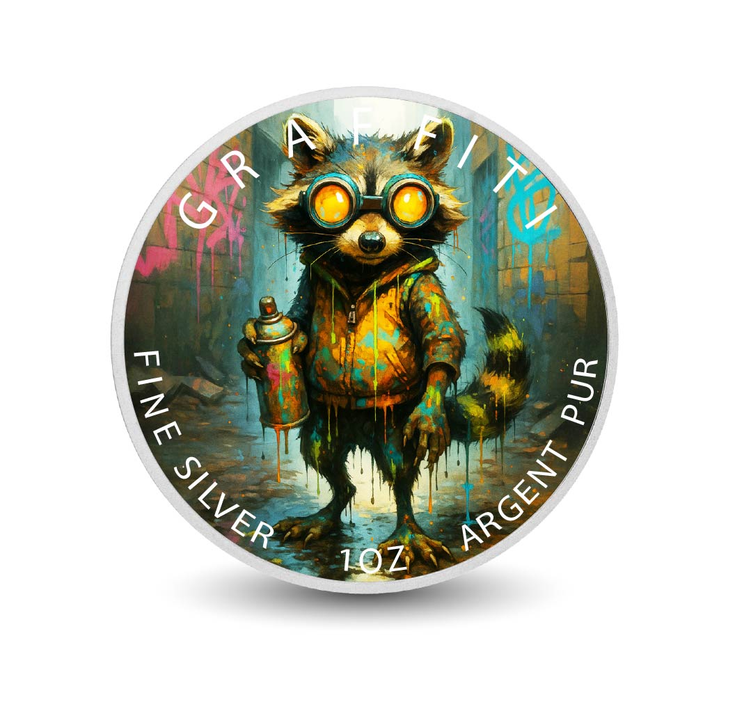 Urbaner Bandit – Der Graffiti-Waschbär 1oz farbige Feinsilbermünze