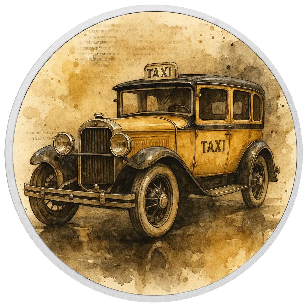Pièce de monnaie de 1 oz en argent fin 9 coloré « Grêle dorée : un taxi vintage »