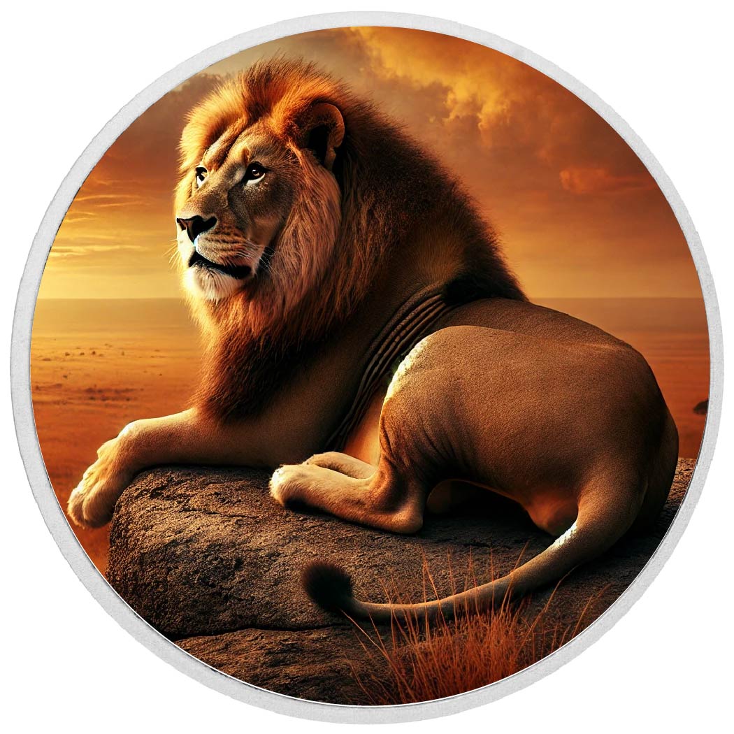 Roi de la savane : le lion au coucher du soleil, pièce colorée
