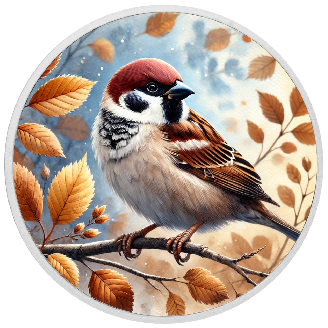 Murmure automnal : moineau parmi les feuilles dorées, pièce en argent de 1oz