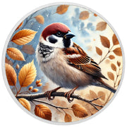 Murmure automnal : moineau parmi les feuilles dorées, pièce en argent de 1oz