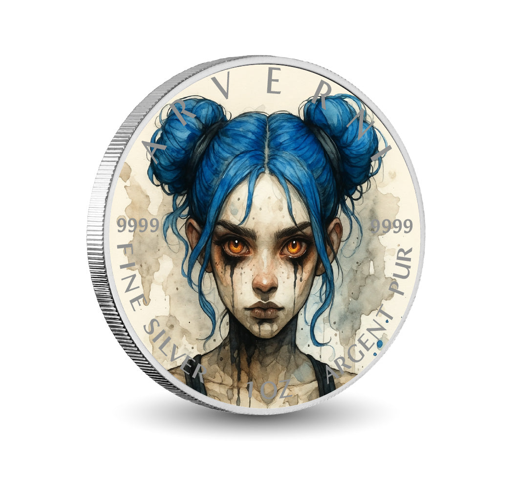 Pièce de monnaie de 1 oz en argent fin coloré « Fureur d’argent : le gardien aux yeux de braise »