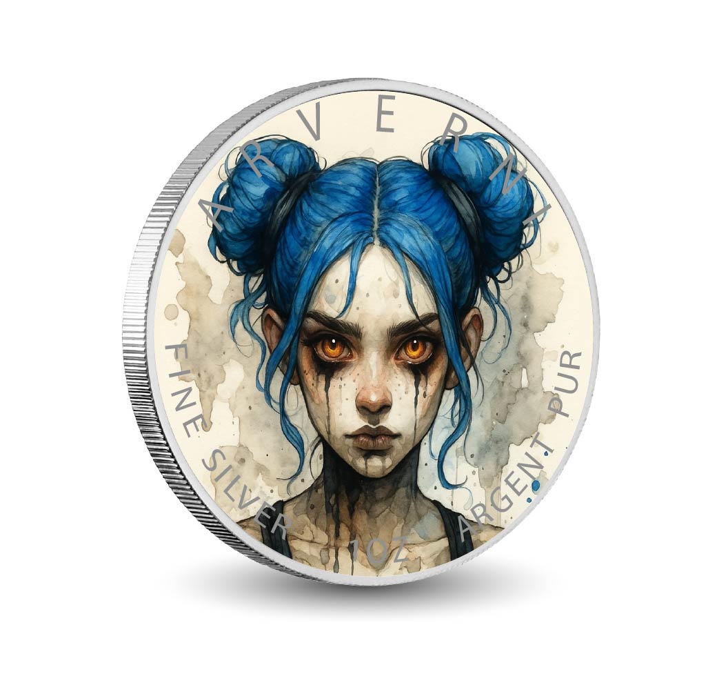 Moneta d’argento puro colorata da 1 oz Furia d’argento Il guardiano dagli occhi di brace