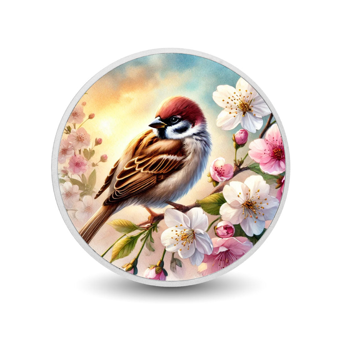 Sérénité printanière : moineau parmi les fleurs, pièce en argent de 1oz