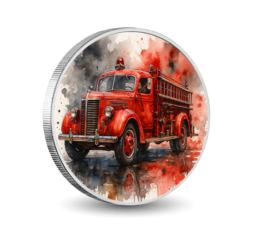 Pièce de monnaie de 1 oz en argent fin coloré « Flambée de gloire : camion de pompiers vintage »