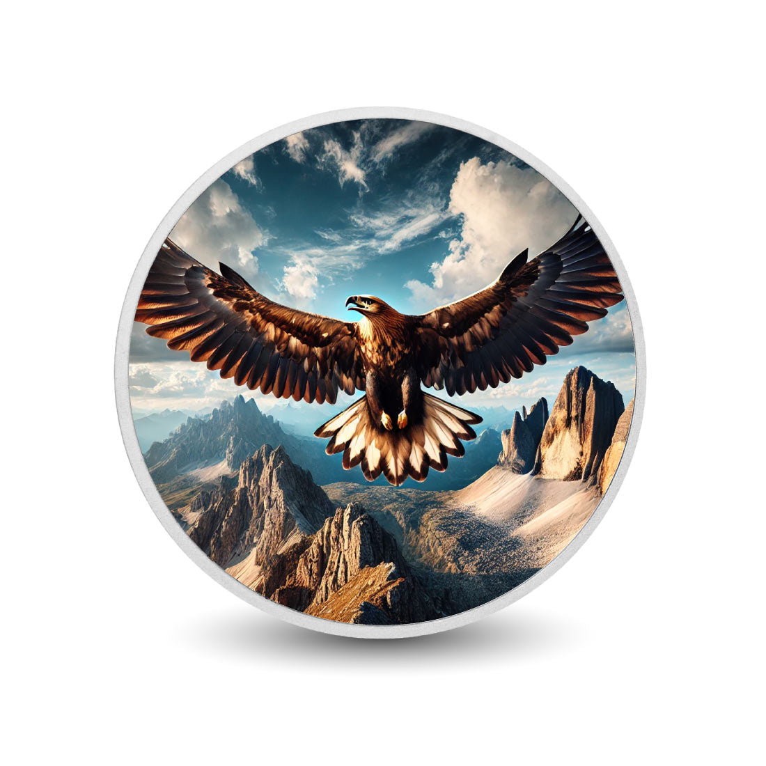 Envol majestueux : l’aigle au-dessus des sommets montagneux, pièce colorée