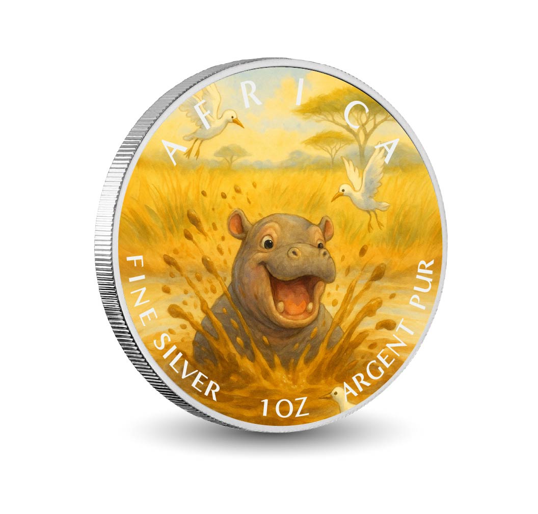 Radosny plusk hipopotama – Chichoty na sawannie – kolorowana moneta z czystego srebra o wadze 1 oz