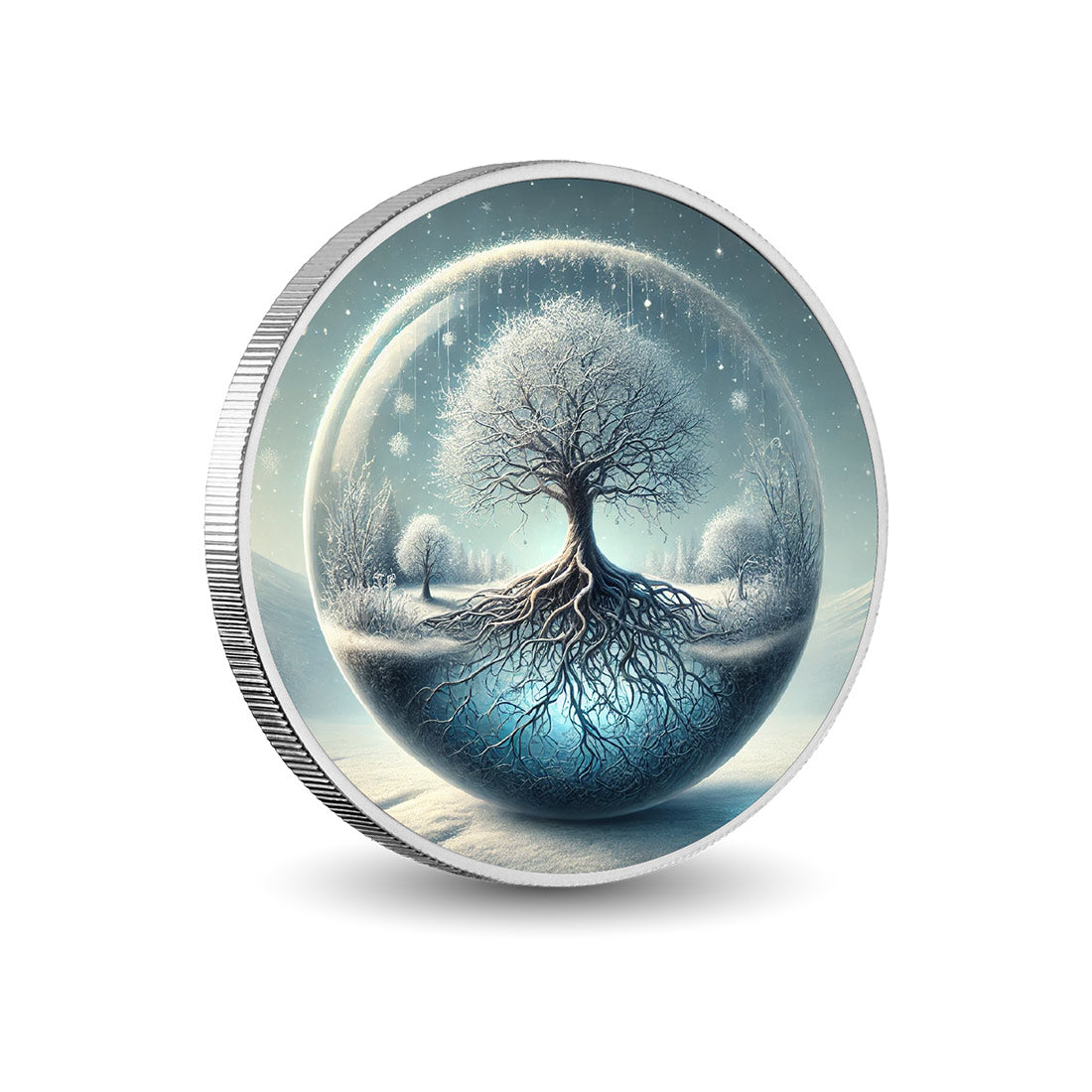 L’équilibre de l’univers - Arbre givré 1oz Pièce colorée en argent