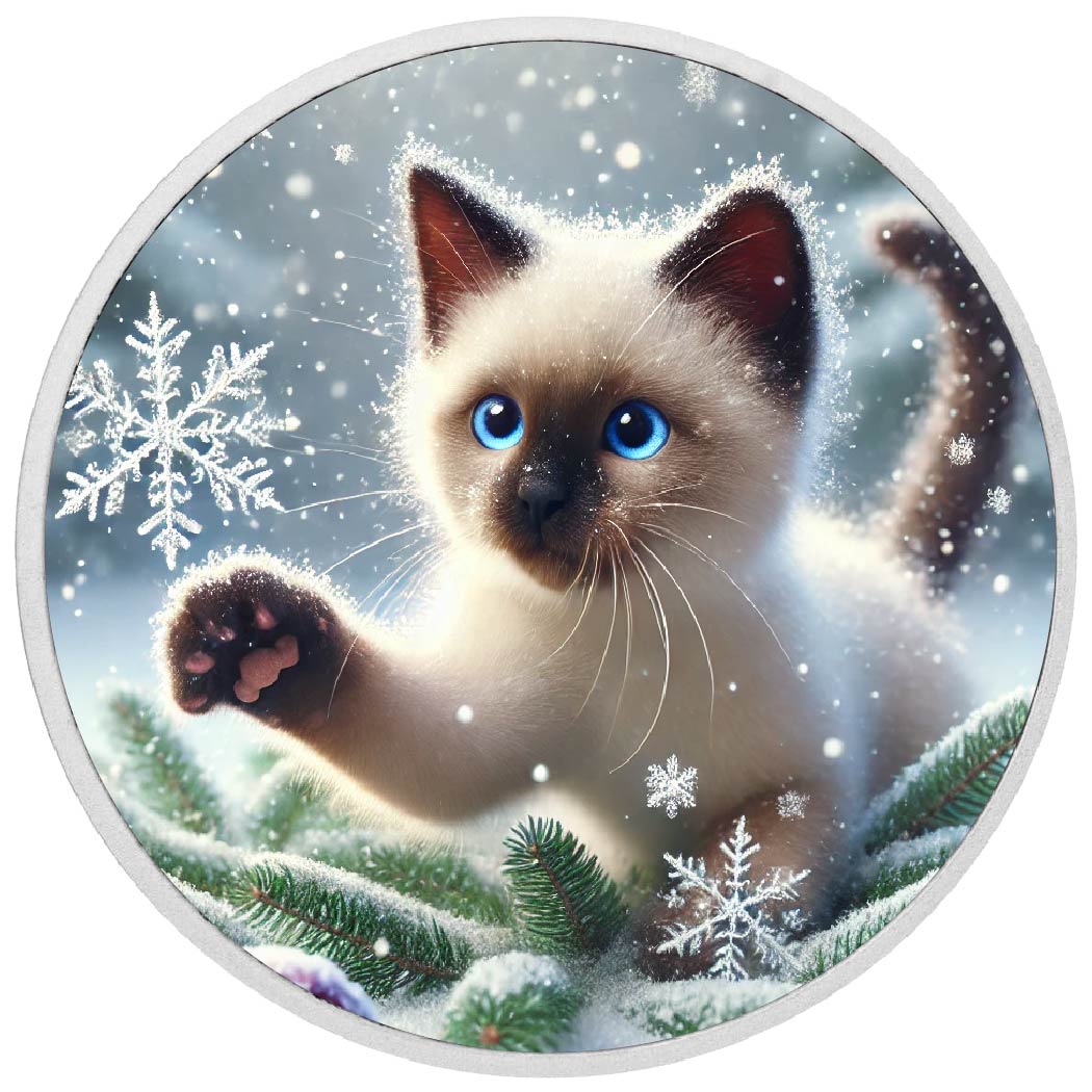 Fantaisie floconneuse : le jeu givré d’un chaton, pièce de 1 oz