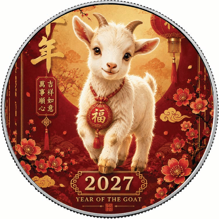 Lucky Goat  2027 Year of the Goat1oz 999 Silver BU Colourized