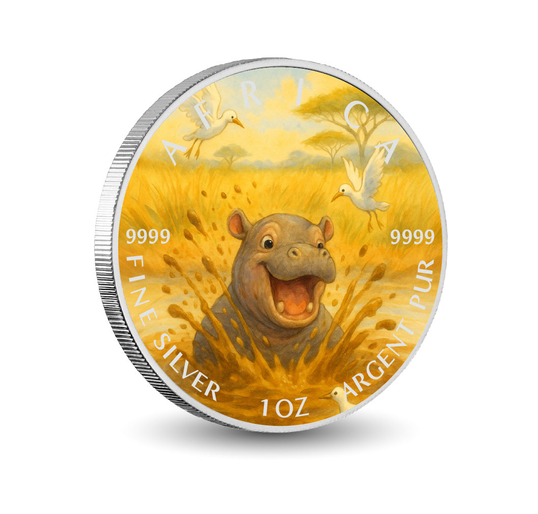 Pièce de monnaie de 1 oz en argent fin coloré « Éclaboussure de l’hippopotame heureux : éclats de rire dans la savane »