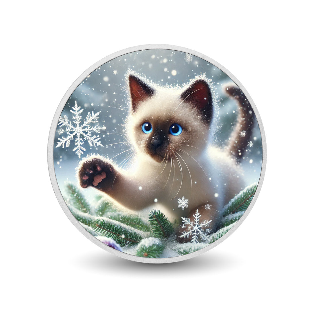 Fantaisie floconneuse : le jeu givré d’un chaton, pièce de 1 oz