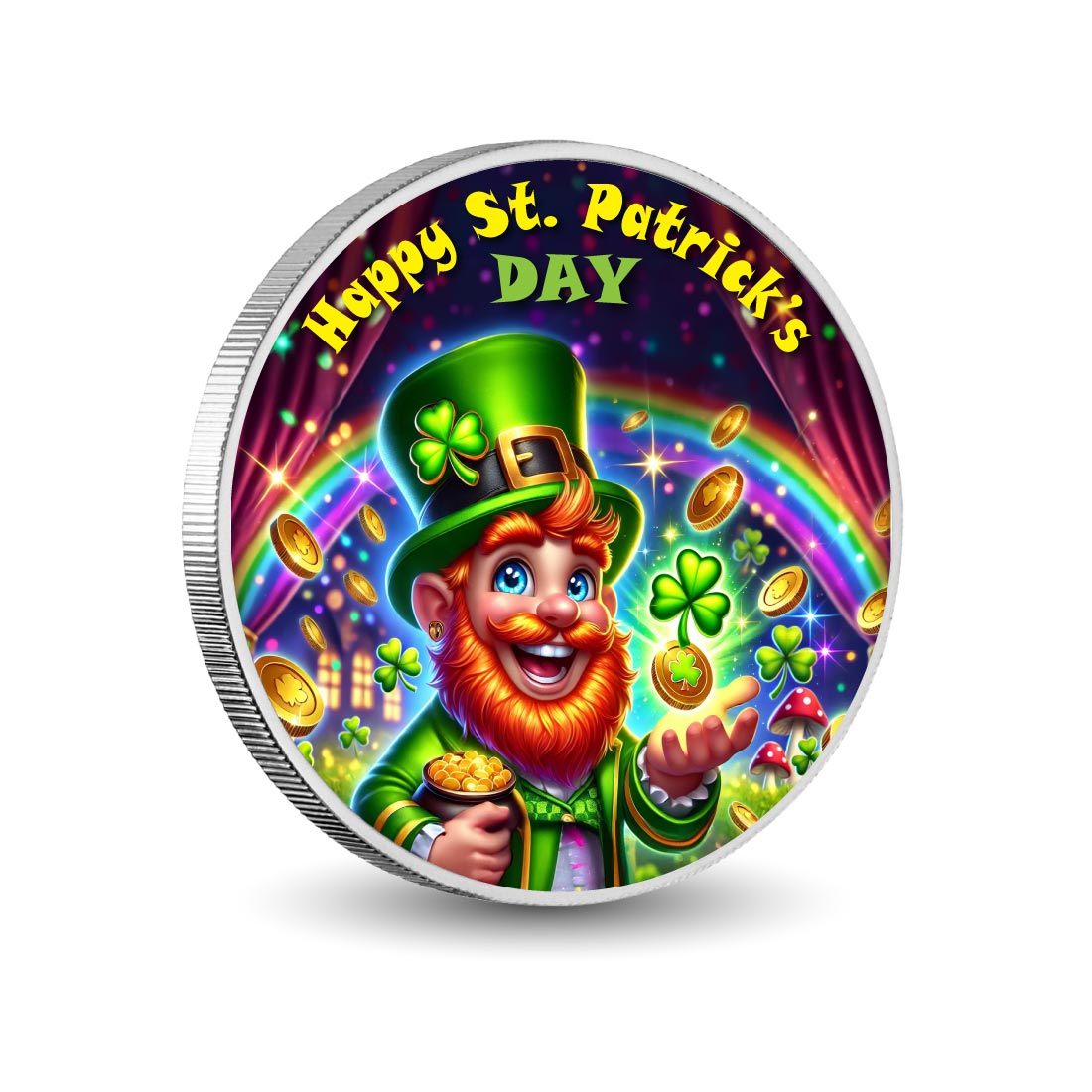 Joyeux lutin avec un arc-en-ciel de chance, pièce colorée de 1oz