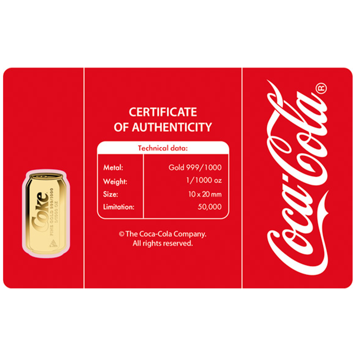 Coca-Cola Can 999 Fine Gold 1/1000 oz Coin in Card