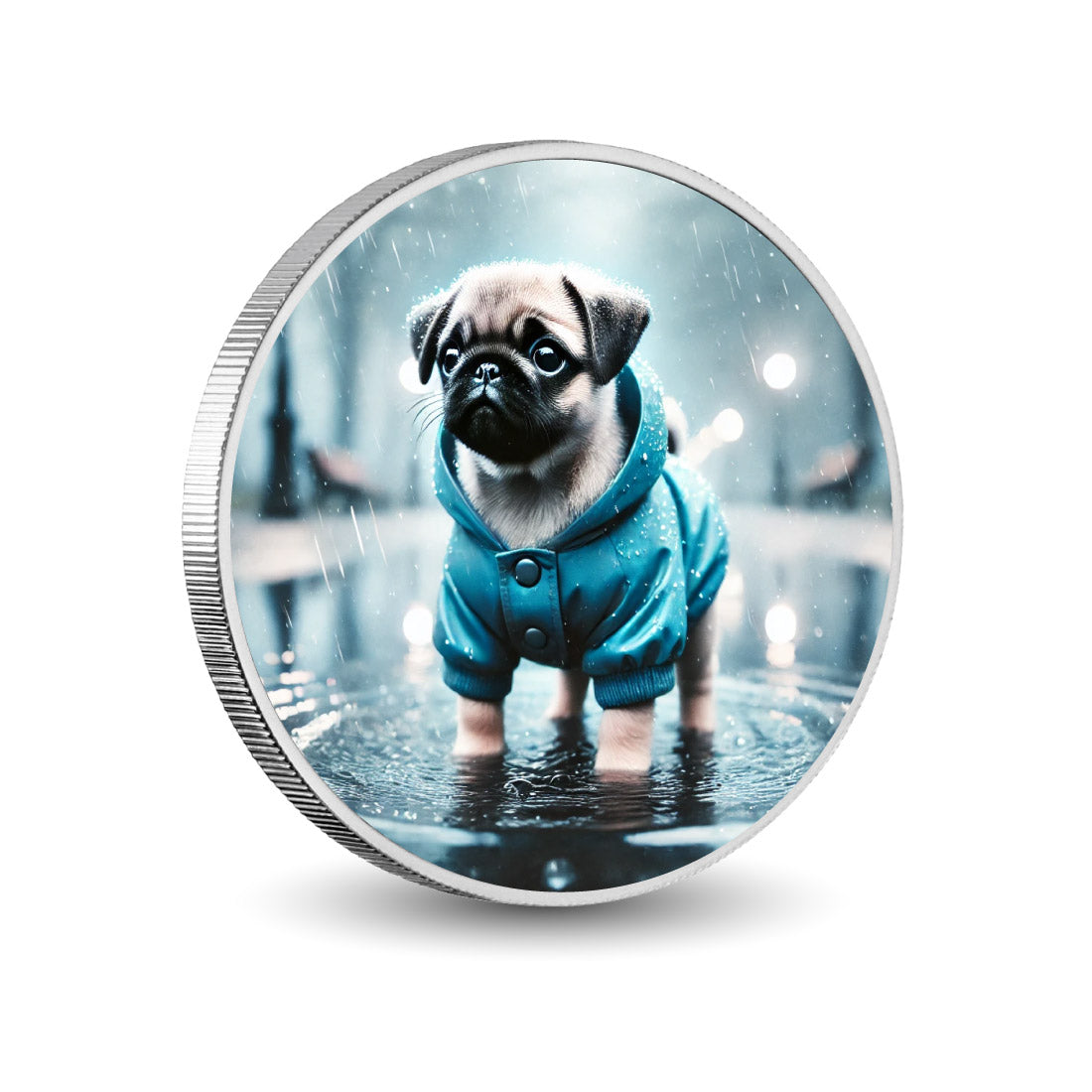 Midnight Showers: Pug in a Blue Raincoat 1oz Coin