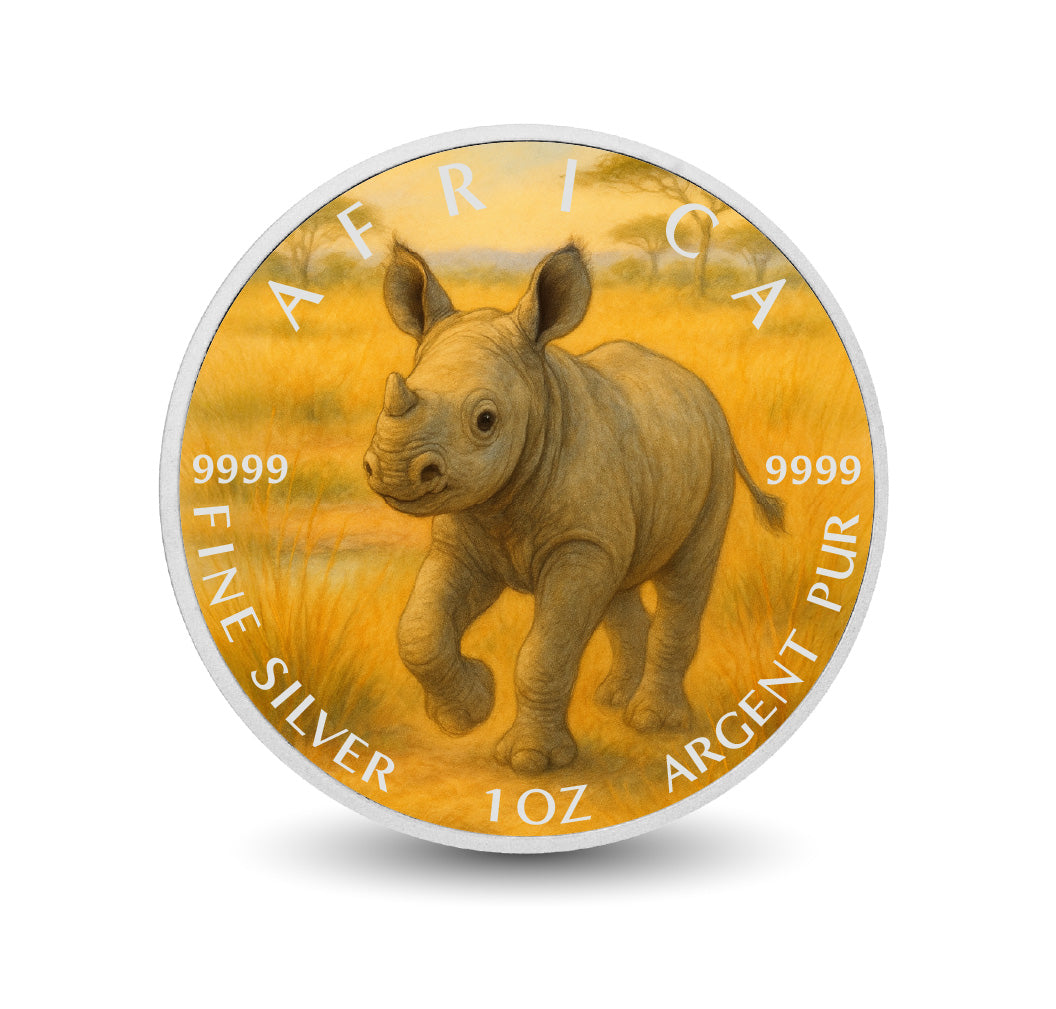Pièce de monnaie de 1 oz en argent fin coloré « Sprint dans la savane : le petit rhinocéros joueur d’Afrique »
