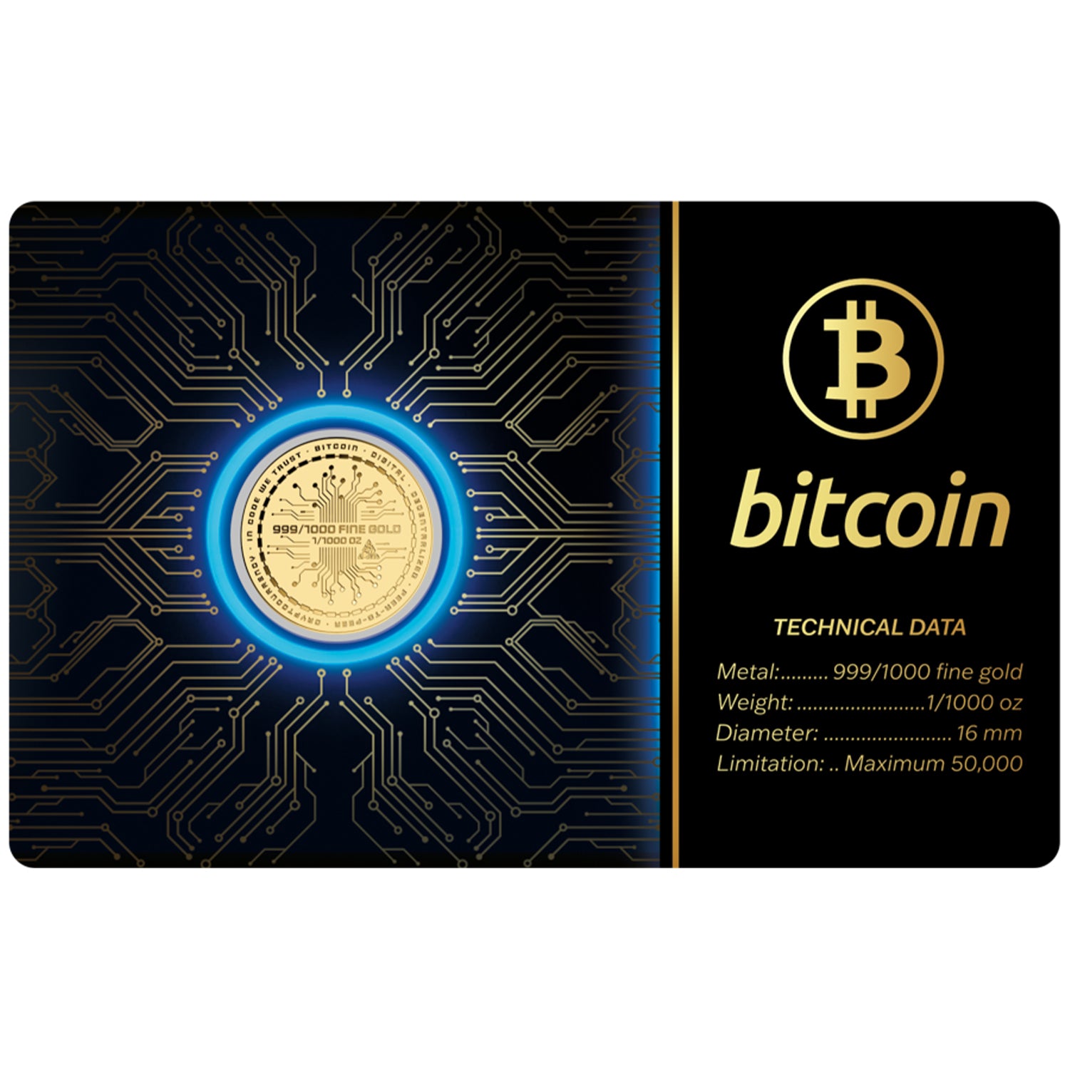 Bitcoin 999 Fine Gold 1/1000 oz Coin in Card