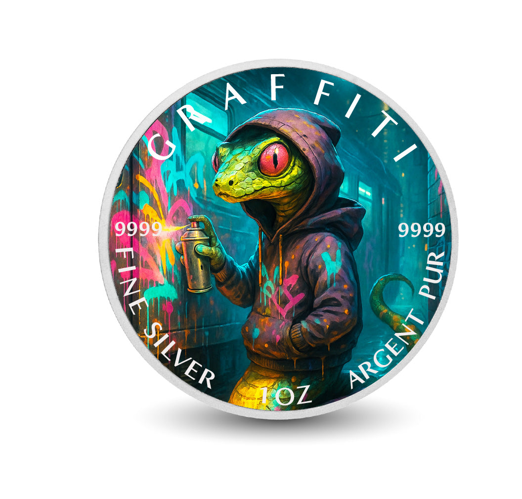 Pièce de monnaie de 1 oz en argent fin coloré « Reptile des ruelles : le maître de la bombe aérosol »