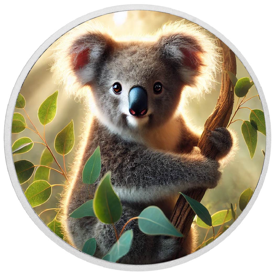 Perchoir feuillu : le koala dans la lumière des eucalyptus, pièce colorée