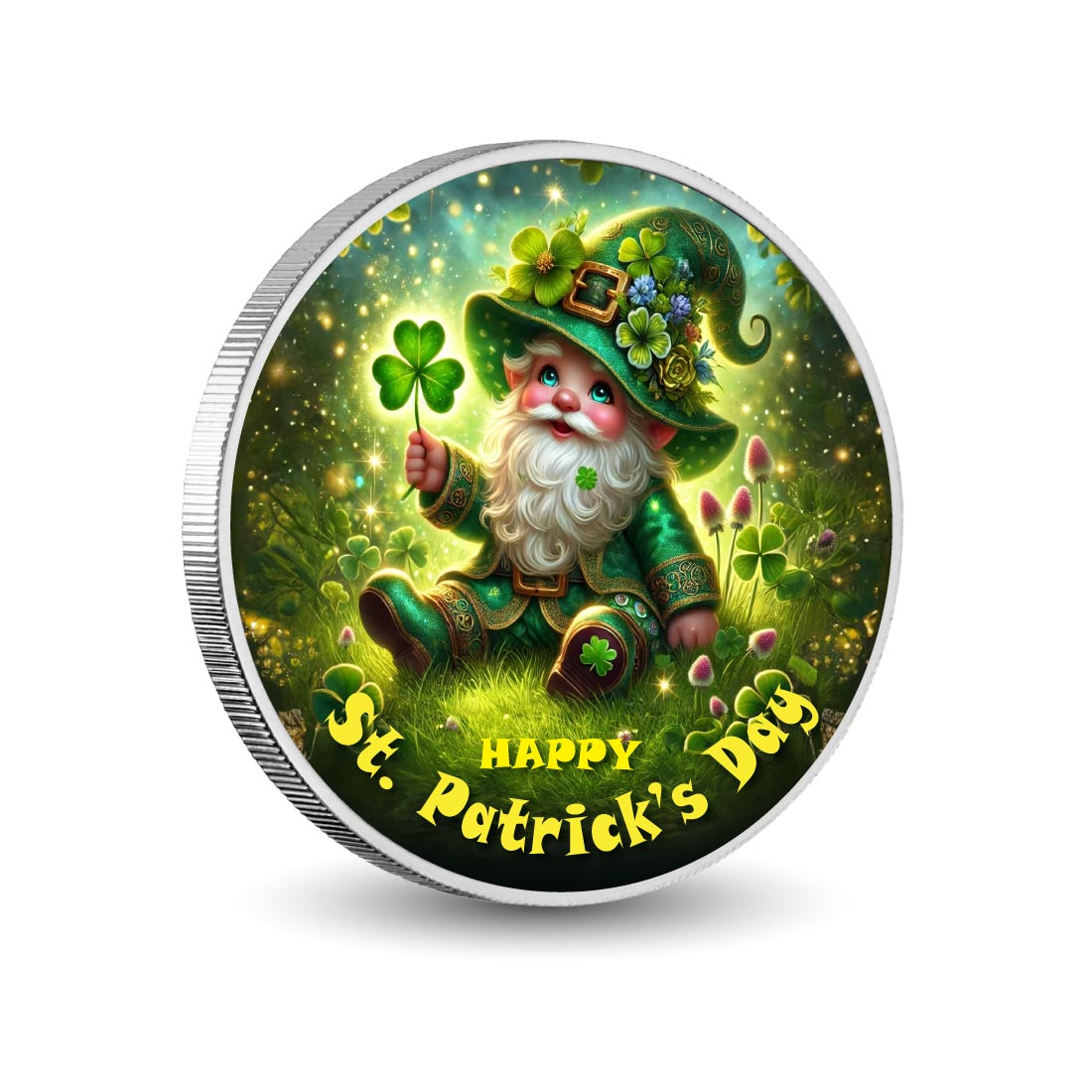 Lutin fantaisiste dans une prairie de trèfles, pièce colorée de 1oz