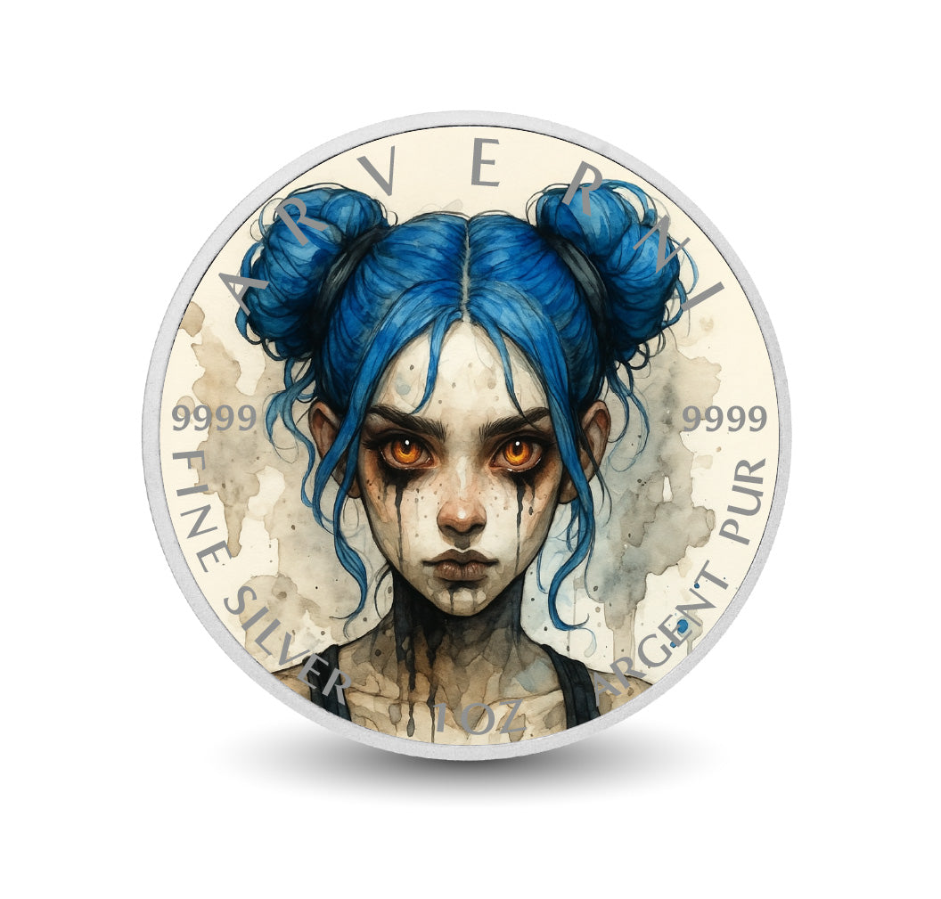 Pièce de monnaie de 1 oz en argent fin coloré « Fureur d’argent : le gardien aux yeux de braise »