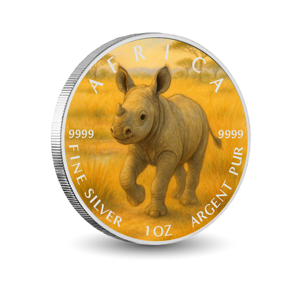 Pièce de monnaie de 1 oz en argent fin coloré « Sprint dans la savane : le petit rhinocéros joueur d’Afrique »