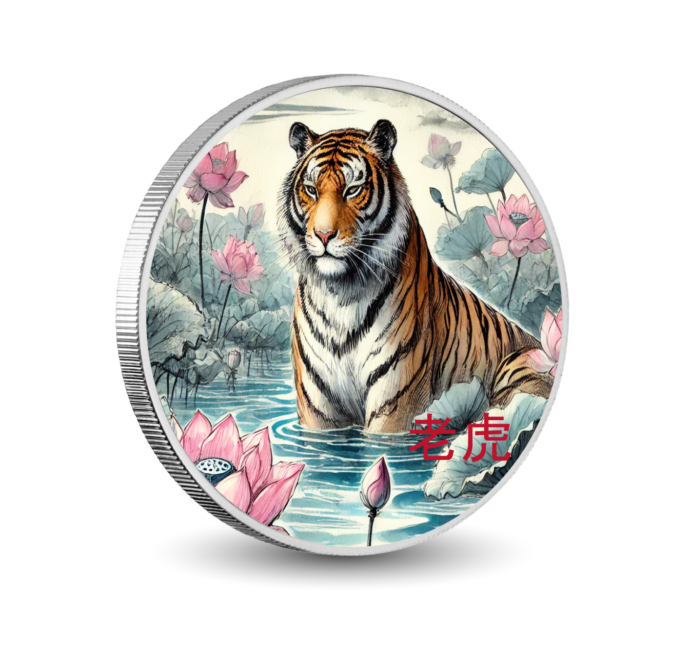 Gardien majestueux des eaux aux lotus 1oz Argent coloré