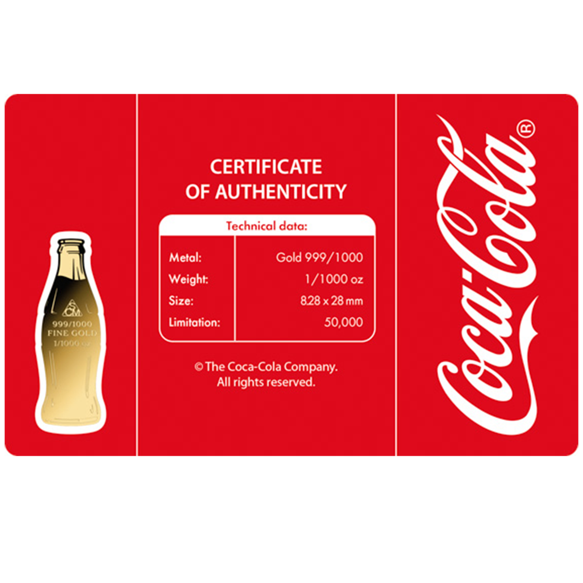 Coca-Cola Bottle 999 Fine Gold 1/1000 oz Coin in Card
