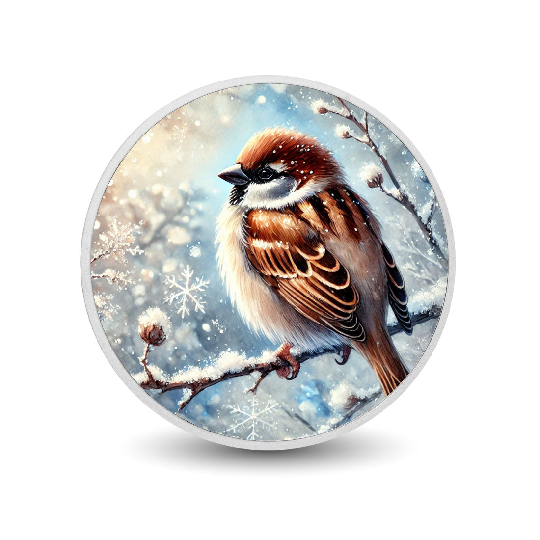 Winter's Embrace: Sparrow in the Snow 1oz Silver Coin